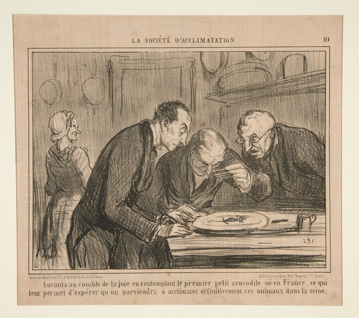 Vědci na vrcholu radosti uvažují o prvním malém krokodýlovi od Honoré Daumier