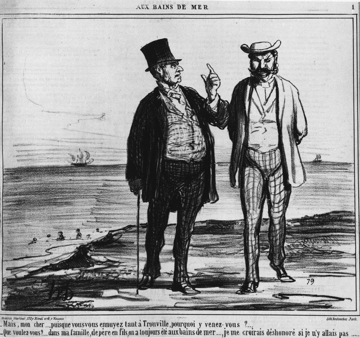 Přímořské koupele: Pařížané na pláži v Trouville s tíhou tradic a rodinných zvyků - Honore Daumier, v „“ Charivari““ z 25. 8. 1859 od Honoré Daumier