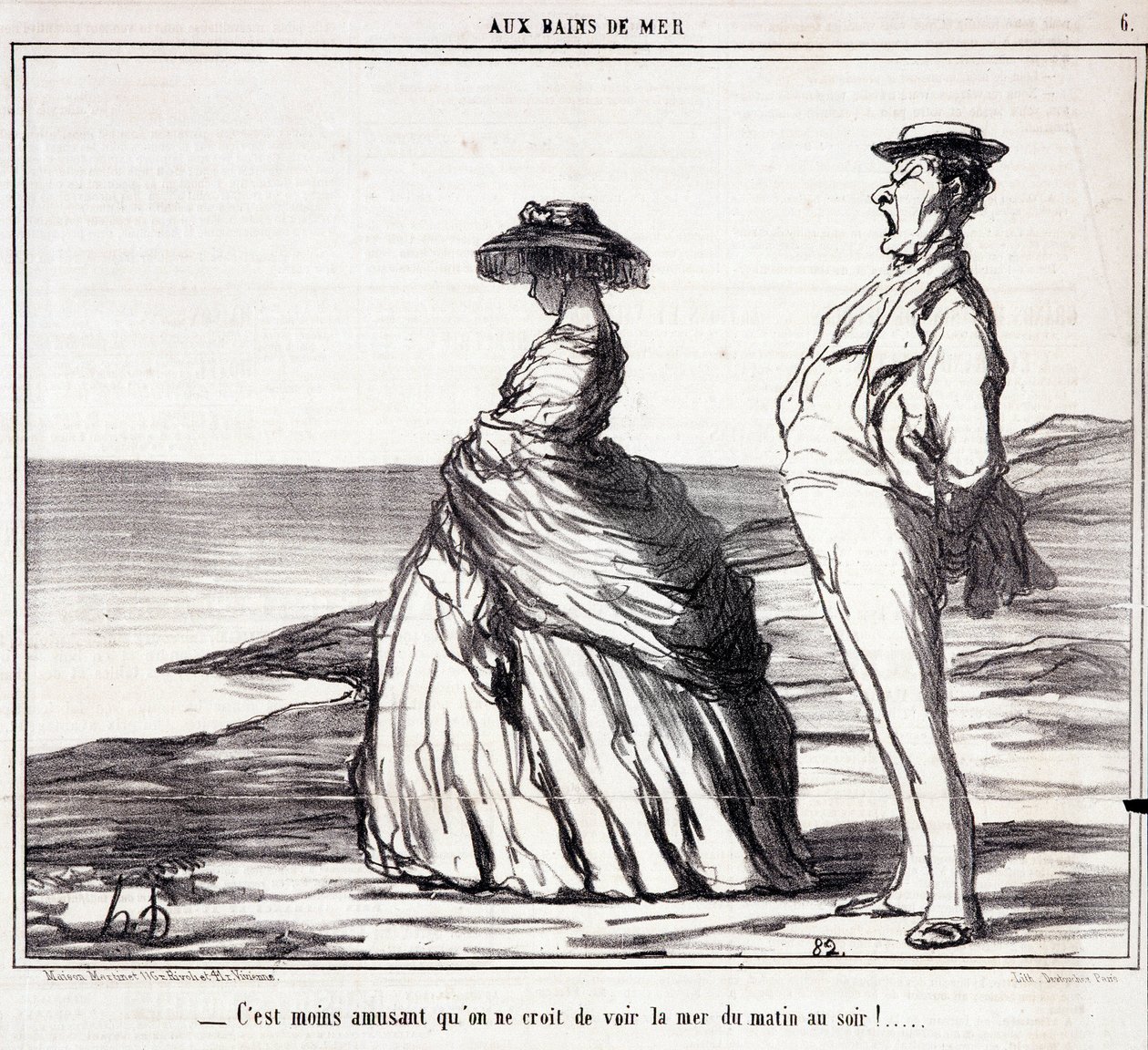 Serie "" Les Bains de Mer"": "" Je méně zábavné, než si myslíte, vidět moře od rána do večera! “” Karikatura o turistech na dovolené. Rytina Honore DAUMIEROVÉ (1808-1879). Výňatek z novin “” Le Charivari”” 9. září od Honoré Daumier