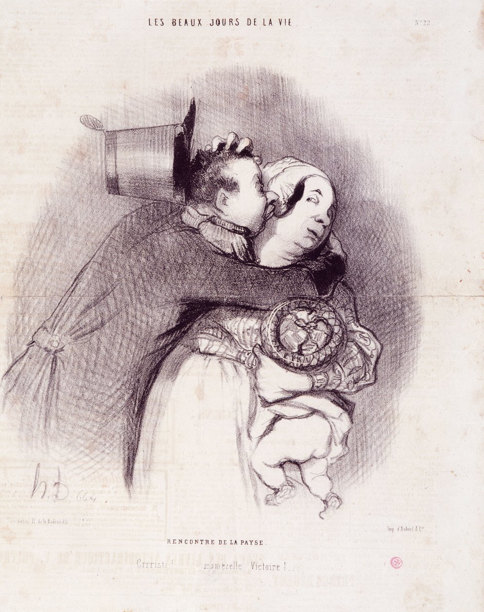 Série “” Krásné dny života””: Setkání země...””. Rytina Honore DAUMIEROVÉ (1808-1879). Výňatek z novin „“Le Charivari““ z 8. září od Honoré Daumier