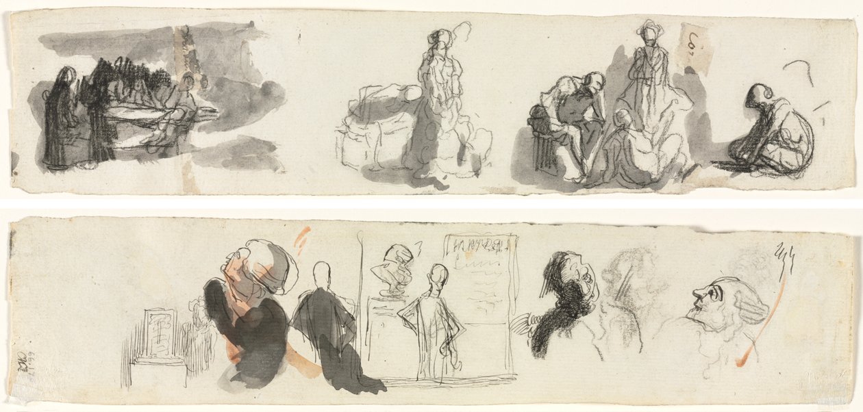 List studií se skupinou čtyř postav napravo (napravo) Náčrtky různých postav (verze) od Honoré Daumier