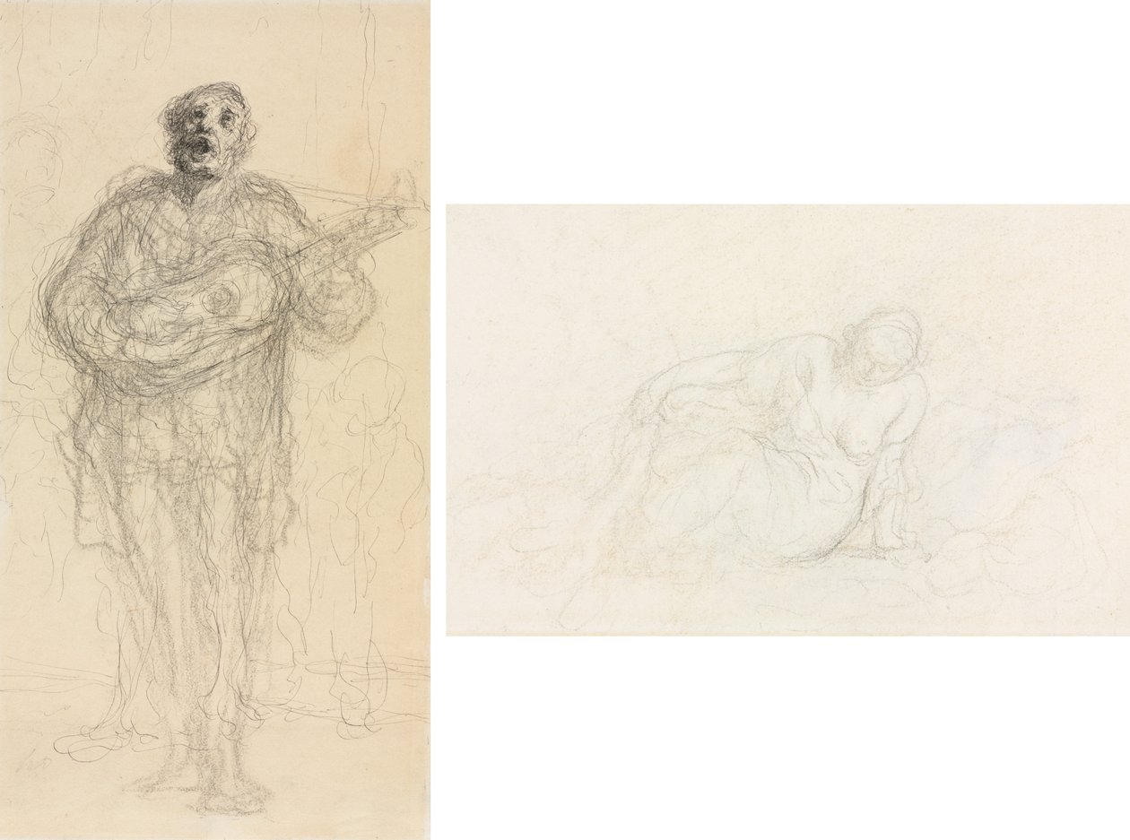Zpívající kytarista (recto); Ležící žena opřená o paži (verze) od Honoré Daumier