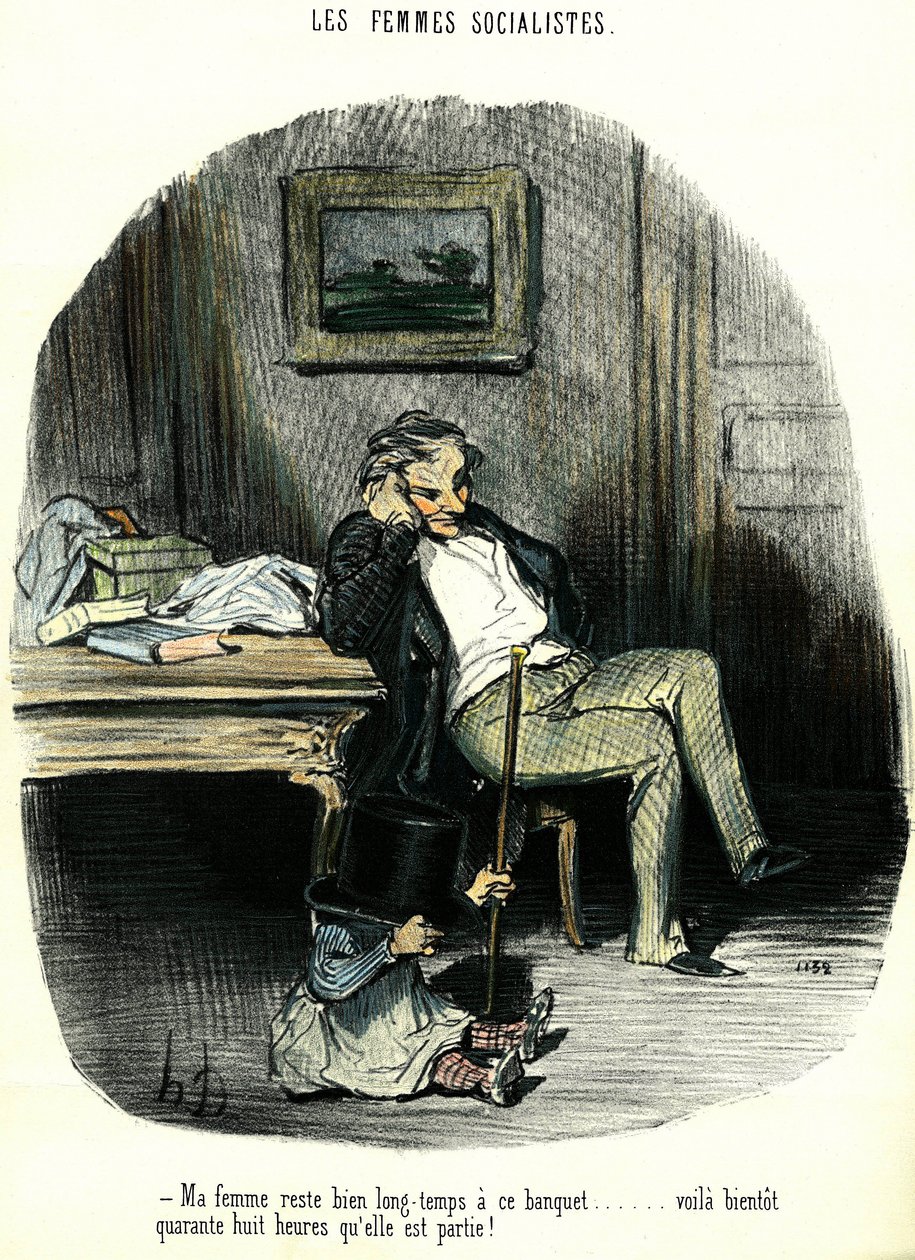 Socialistické ženy Antifeministická karikatura zobrazující muže, který s dítětem čeká na dva dny nezvěstnou manželku. Litografie od Honore Daumiera (1808-1879) Soukromá sbírka z 19. století od Honoré Daumier