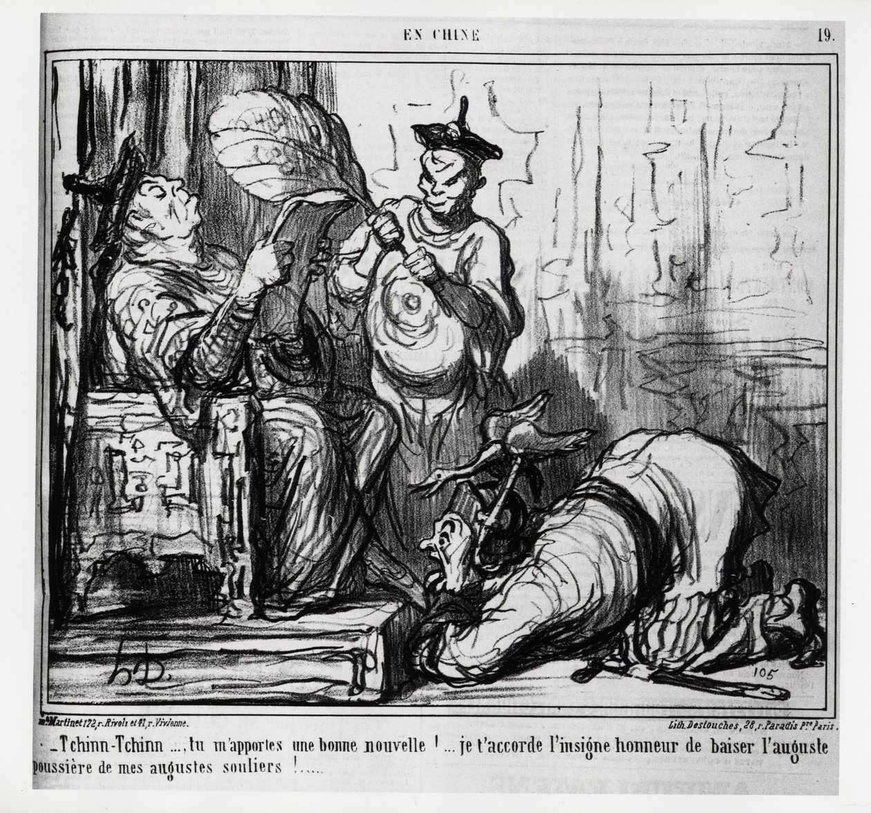 Tchinn Tchinn... Přinášíš mi dobré zprávy! Uděluji ti velkou čest políbit vznešený prach mých vznešených bot. V sérii En Chine, ilustrace Honore Daumier (1808-1879), publikované v „“ Charivari“, ze 7. prosince od Honoré Daumier