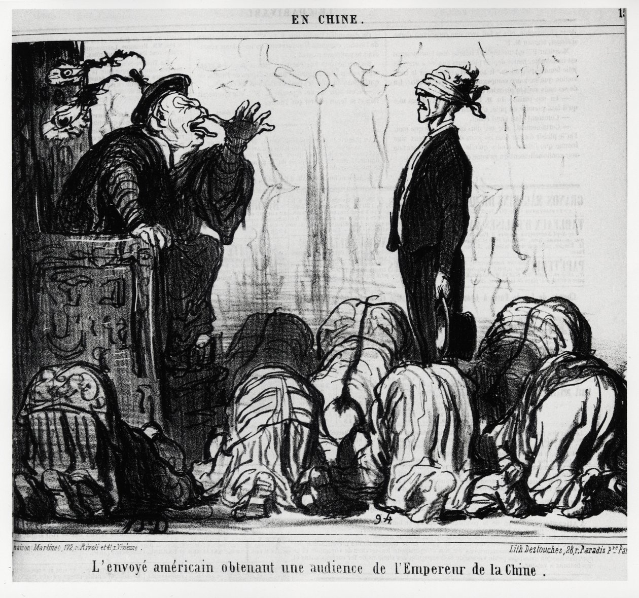 Americký vyslanec získává audienci od čínského císaře. V sérii En Chine, ilustrace Honore Daumier (1808-1879), publikované v „“ Charivari“, ze dne 21. října od Honoré Daumier
