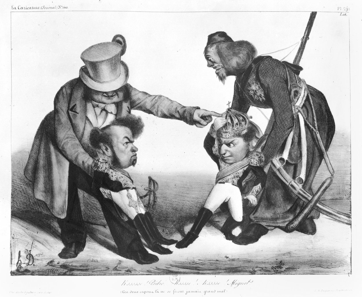 Občanská válka v Portugalsku přivedla do konfliktu Pedra I. (1798-1834) brazilského císaře a portugalského krále a Dom Miguela (1802-66), z „La Caricature“, N 140, 1832-34 od Honoré Daumier