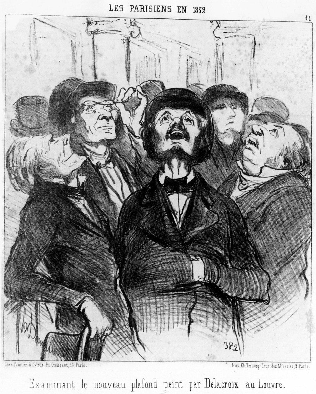 Pařížané v roce 1852 zkoumají nový strop namalovaný Delacroixem v Louvru, převzatý z „“ Obrazy a salony“, série karikatur Honore Daumiera (1808-1879). "Serenáda" od Honoré Daumier