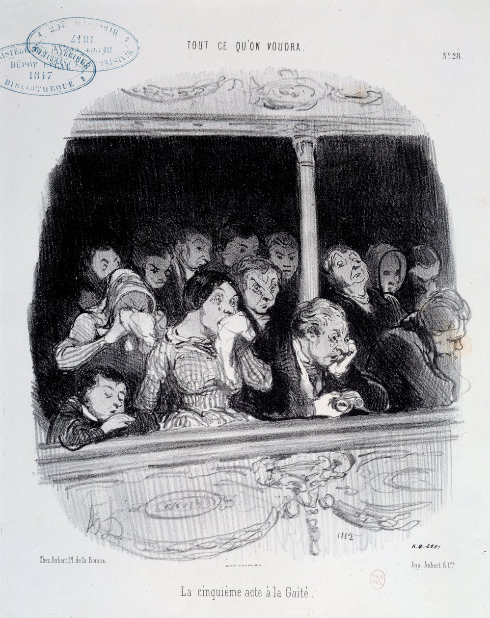 Páté dějství má Gaite Výrazy tváře publika během show (nuda, únava, ztráta interetu) Karikatura od Honore Daumier (1808-1879). Pařížské muzeum 19. století Carnavalet od Honoré Daumier