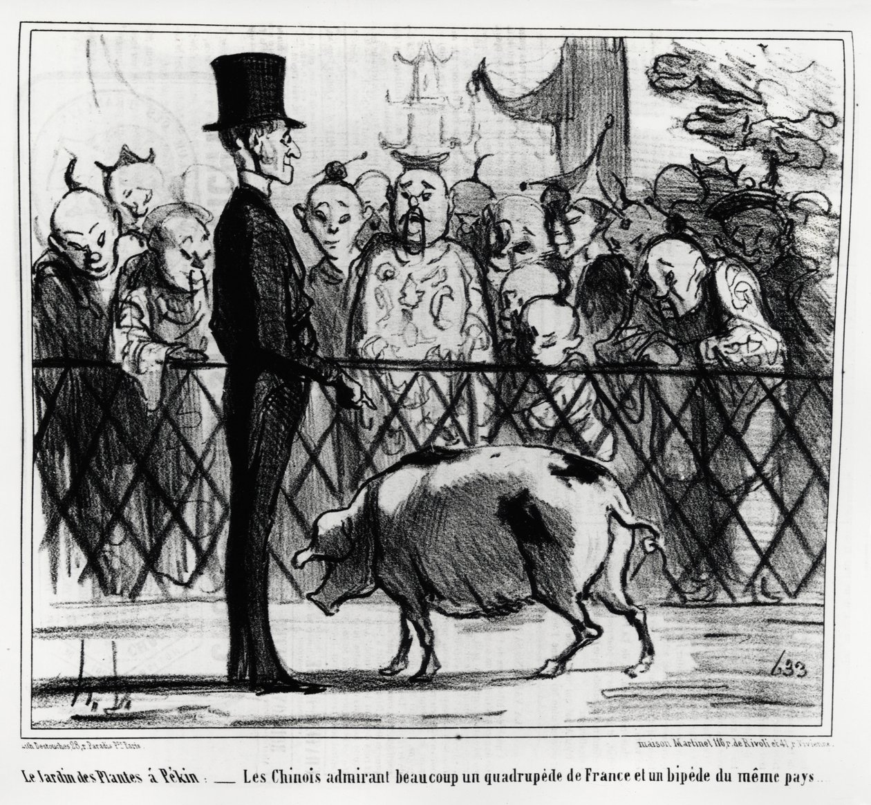 Zahrada rostlin v Pekinu: Číňané obdivující čtyřnožku Francie a pípnutí téže země. Ilustrace Honore Daumier (1808-1879), publikovaná v „Charivari“, China Actualites od Honoré Daumier