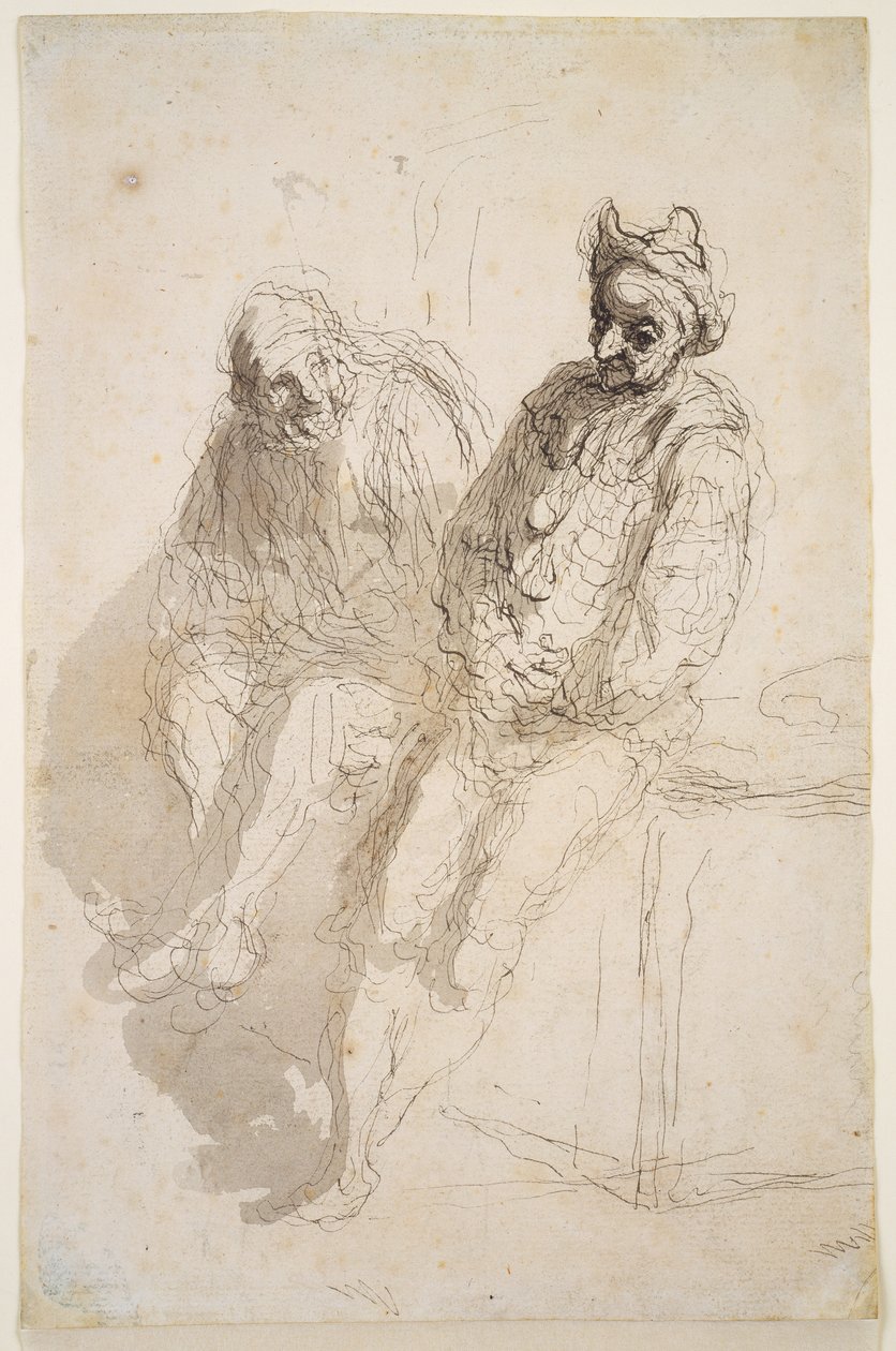 Dva Saltimbanques, cca 1865-73 (černo-šedý inkoust, šedá barva na papíře) od Honoré Daumier