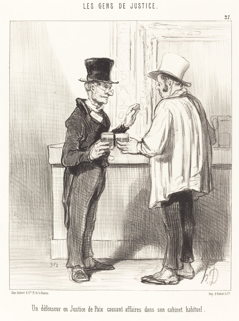 Obránce... chatování... ve svém obvyklém kabinetu od Honoré Daumier