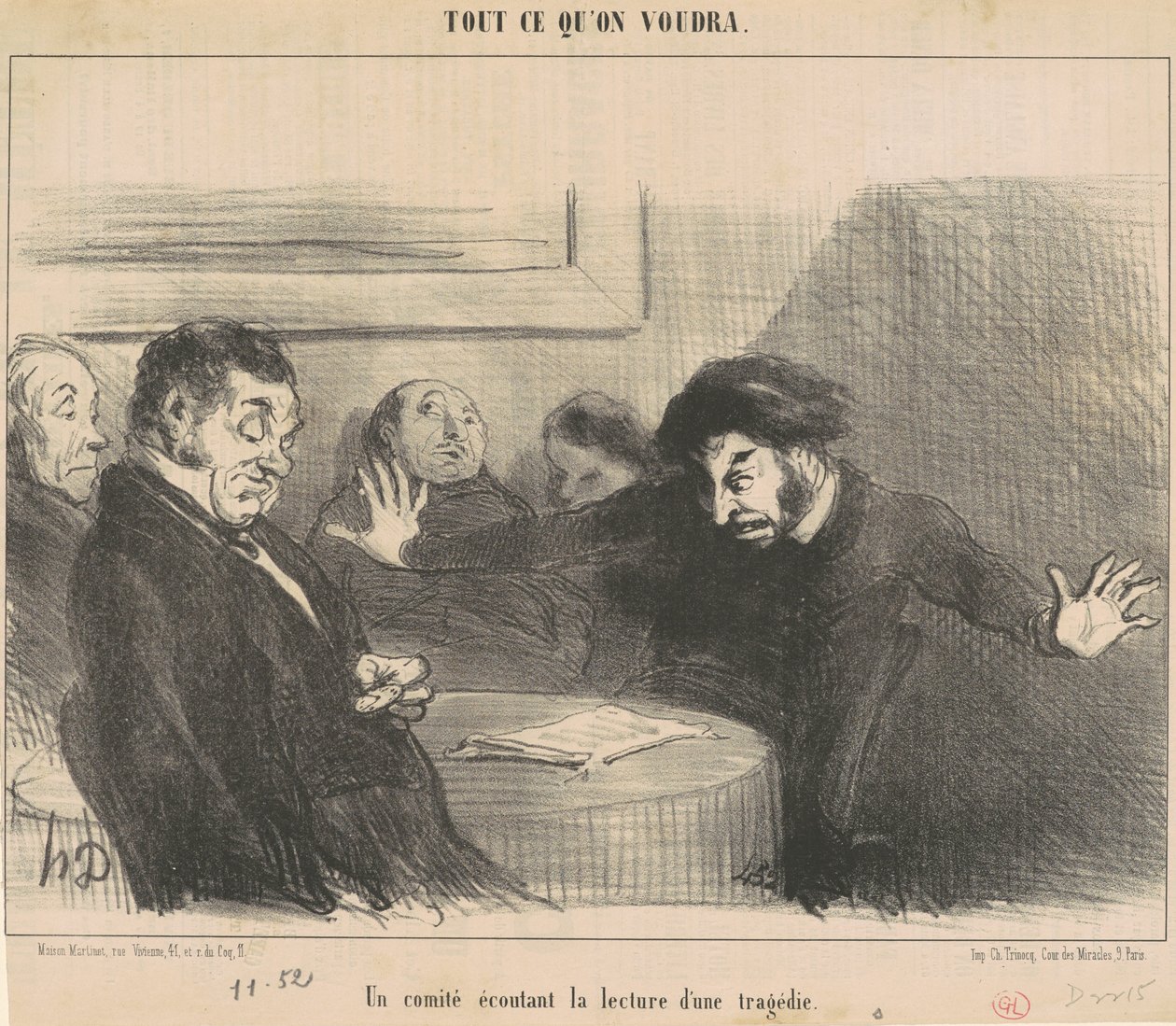 Výbor poslouchající čtení tragédie od Honoré Daumier