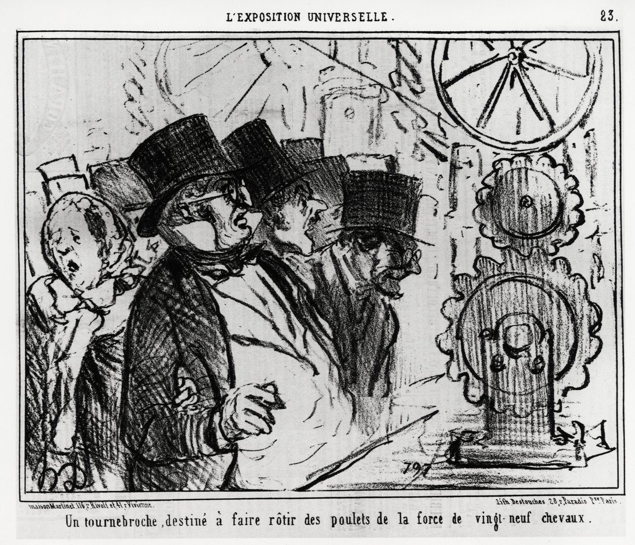 Univerzální výstava: točna určená k pečení kuřat o síle dvaceti devíti koní. Ilustrace Honore Daumier (1808-1879), publikovaná v novinách „“ Charivari“ z 20. července 1855. od Honoré Daumier