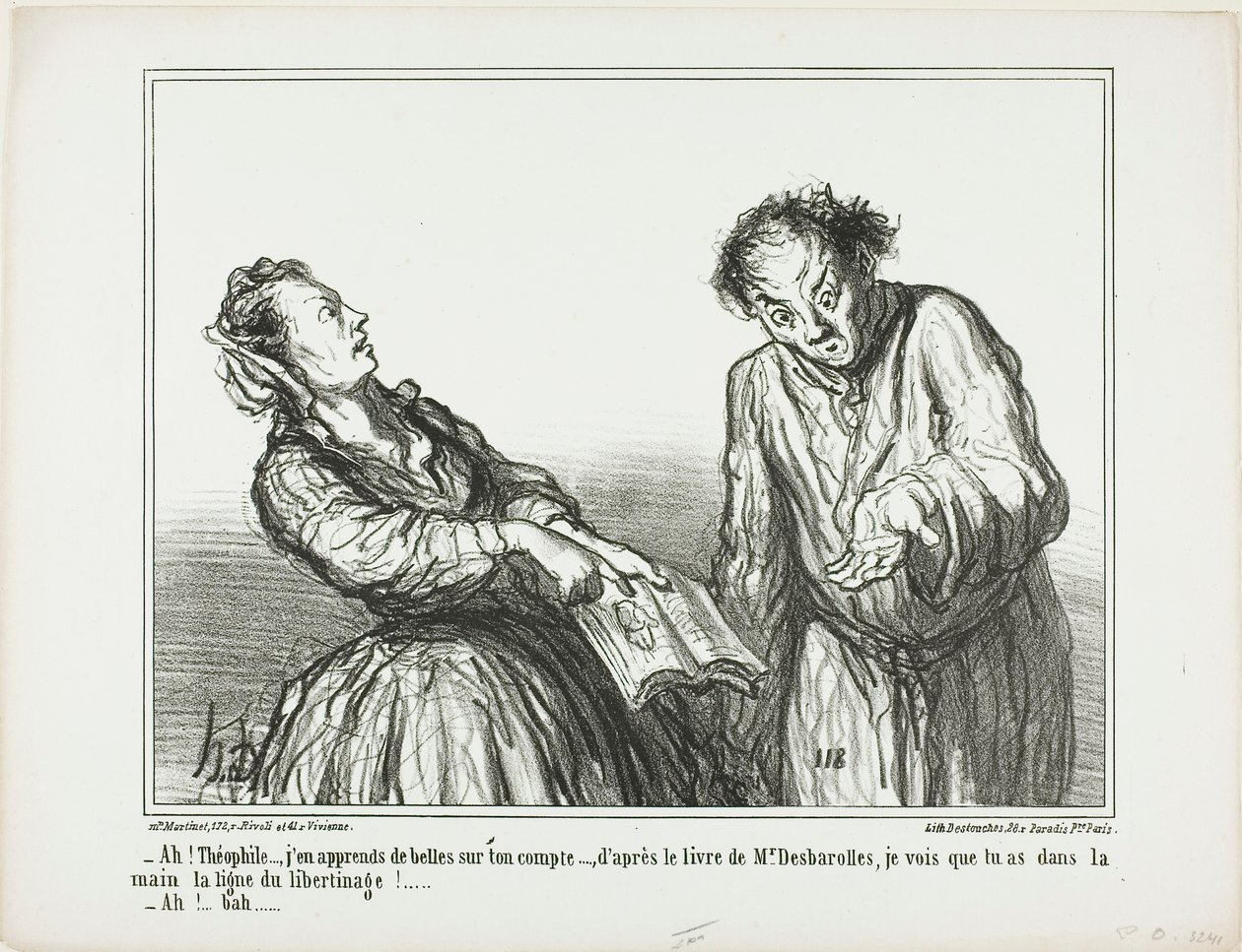 "- Ach, Théophile, jaké strašlivé věci o tobě čtu. Podle knihy pana Desbarollese mohu říci, že máš v dlani řádky libertinství!... - Ach, no...," deska 1 z Ces Bons Parisiens od Honoré Victorin Daumier