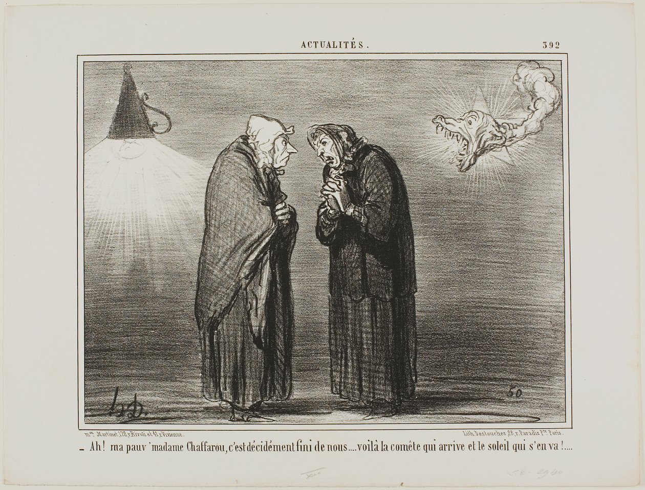 "- Ach, má drahá paní Chaffarou... to musí být konec... kometa přichází a slunce odchází," deska 392 z Actualités od Honoré Victorin Daumier