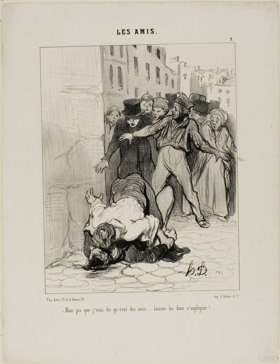 "- Ale já vám říkám, že jsou to přátelé.... oni se jen vyjadřují k sobě navzájem," deska 9 z Les Amis od Honoré Victorin Daumier