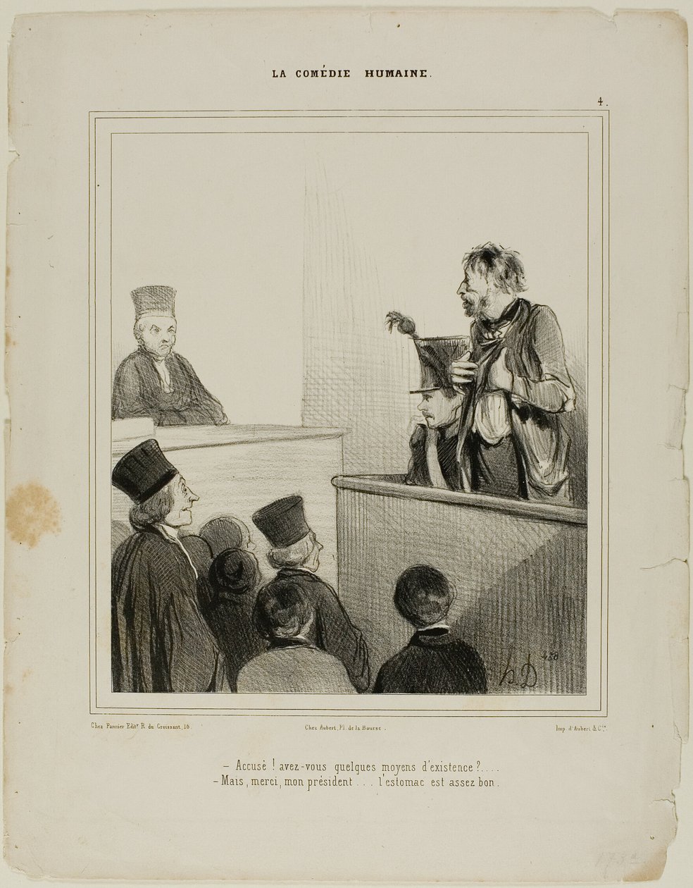 "- Obžalovaný! Máte nějaké prostředky k životu - Děkuji, pane prezidente.... Mám docela dobrý žaludek," deska 4 La Comédie Humaine od Honoré Victorin Daumier
