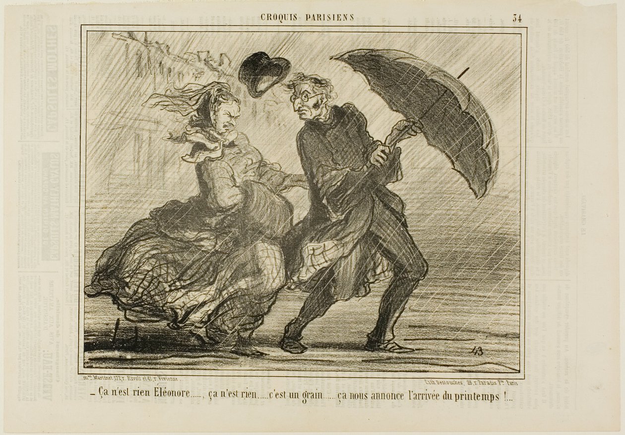 "- Neboj se, Eleonore... nic to není, je to jen malý vítr, který ohlašuje příchod jara," talíř 34 z Croquis Parisiens od Honoré Victorin Daumier
