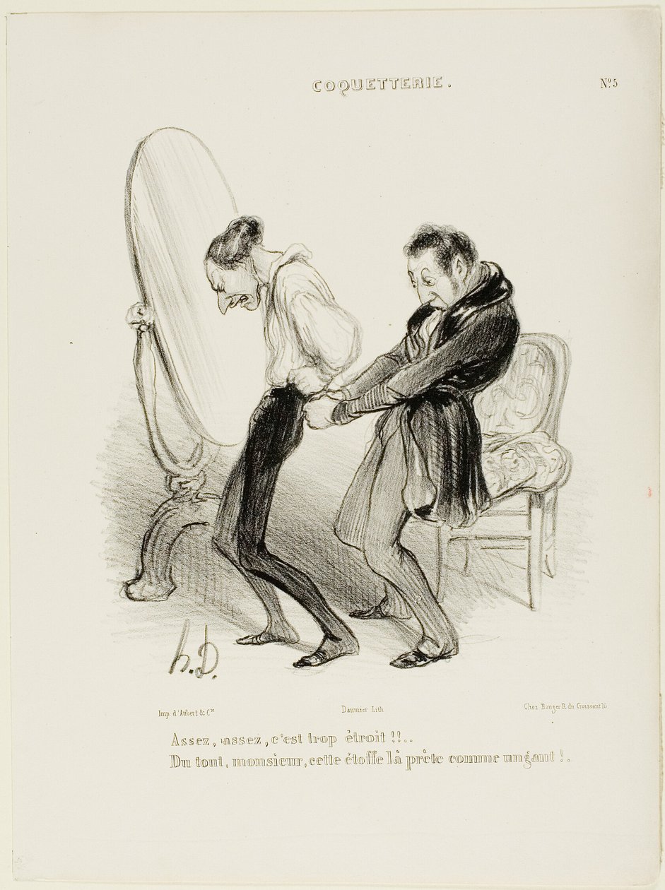 "- Dost, dost, je to příliš těsné!! - Ale vůbec ne, pane, tahle látka vám sedí jako ulitá!", talíř 5 z Coquetterie od Honoré Victorin Daumier