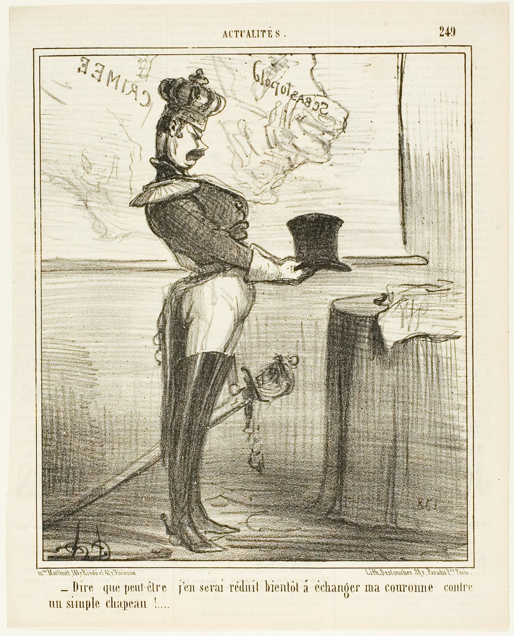 "- Těžko si představit, že jednoho dne budu muset vyměnit korunu za obyčejný klobouk," talíř 249 z Actualités od Honoré Victorin Daumier