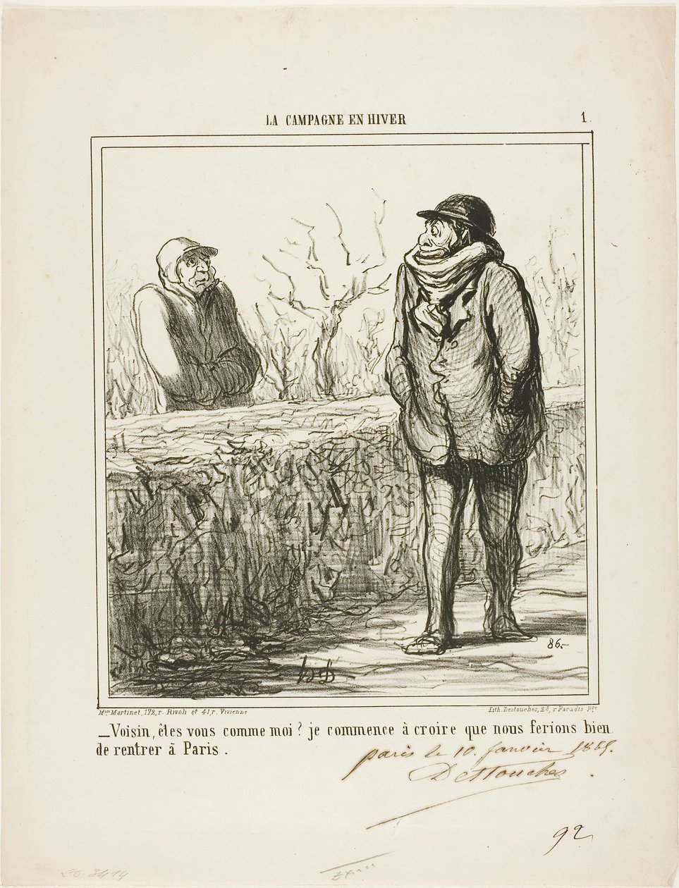 "- Dobrý den, sousede, jste jako já Začínám věřit, že by bylo dobré vrátit se do Paříže," deska 1 z knihy La Campagne En Hiver od Honoré Victorin Daumier