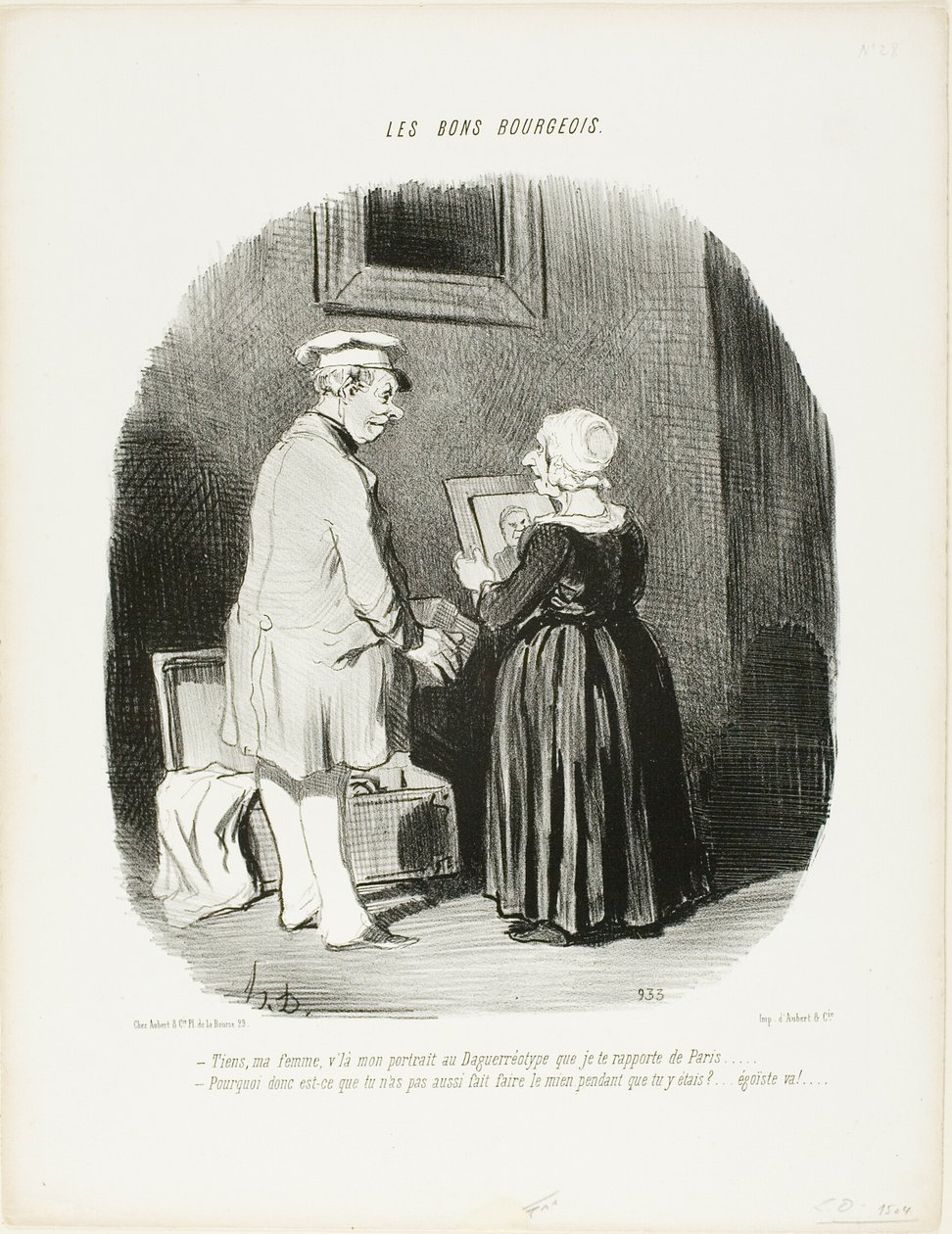 "- Tady je, má ženo, můj daguerrotypický portrét, který jsem ti přivezl z Paříže... - Proč sis nenechal udělat můj, když jsi tam byl... zmiz, ty egoisto!", deska 28 z Les Bons Bourgeois od Honoré Victorin Daumier