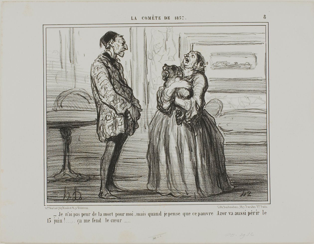 "- O sebe se nebojím, ale když pomyslím na ubohého Azora, který 13. června zahyne... prostě mi to láme srdce," deska 8 z knihy La Cométe De 1857. od Honoré Victorin Daumier