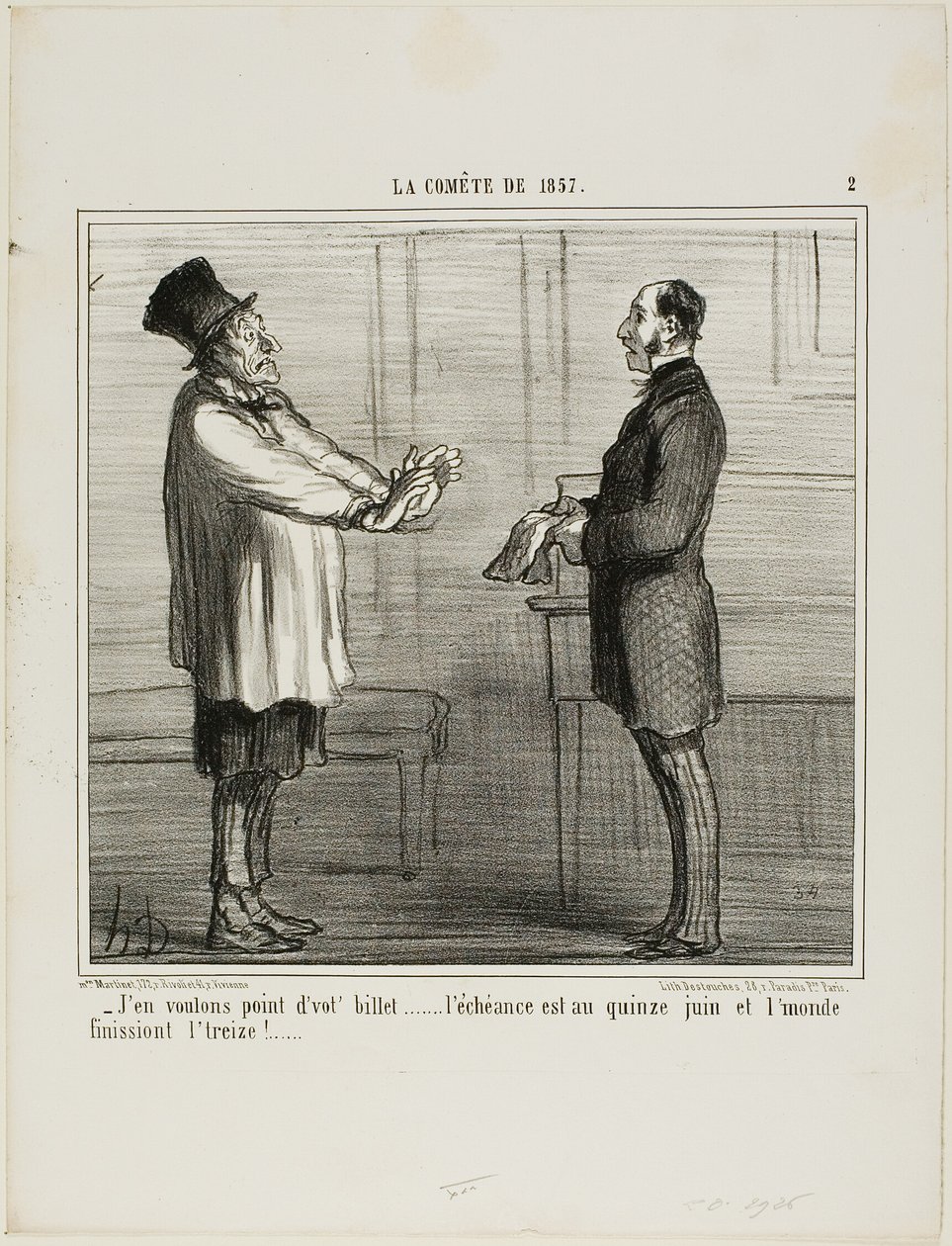 "- Nechci vaše kredity... platnost končí 15. června a svět má skončit 13. června," deska 2 z knihy La Cométe De 1857. od Honoré Victorin Daumier
