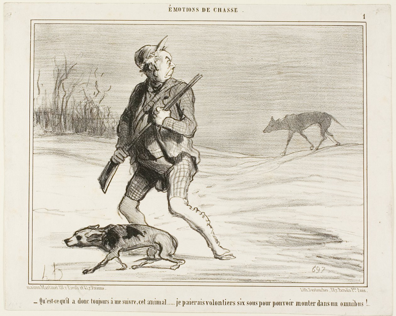 "- Zajímalo by mě, proč mě ta bestie pořád pronásleduje... Klidně zaplatím 6 sous za to, že naskočím do autobusu," deska 1 z knihy Émotions De Chasse od Honoré Victorin Daumier