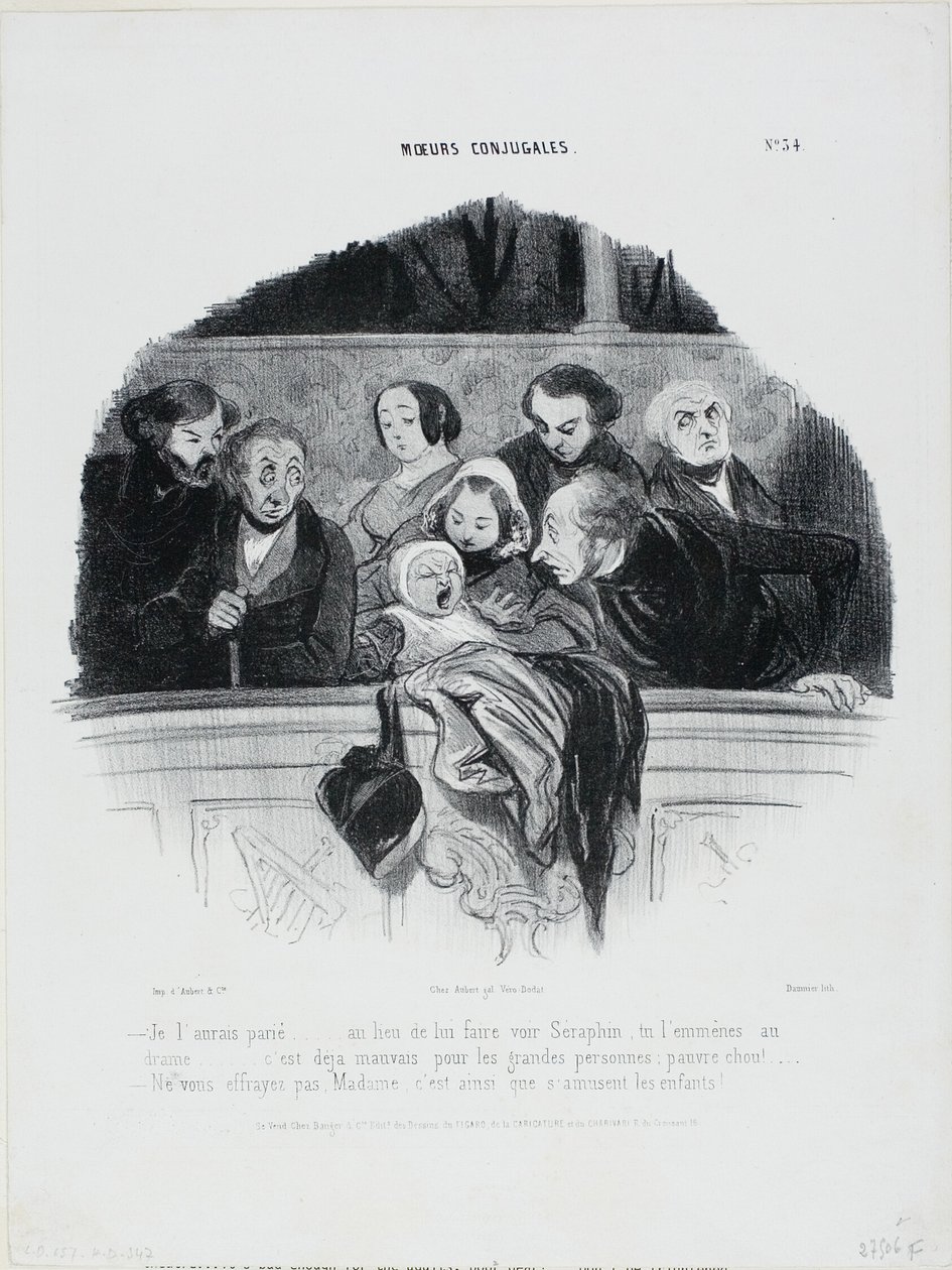 "- Na to bych si vsadil... místo abys ho vzal k Séraphinovi, vezmeš ho do drama.... už tak je to pro dospělé dost špatné, chudáček malý!... - Nebojte se, madam, takhle se baví děti," talíř 34 z Moeurs Conjugales. od Honoré Victorin Daumier