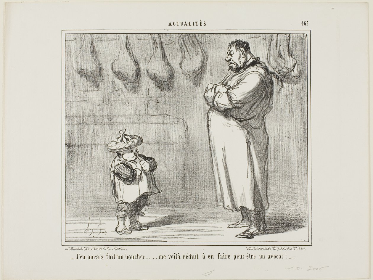 "- Tak ráda bych z něj udělala také řezníka... teď jsem nucena udělat z něj právníka," talíř 467 z Aktualit. od Honoré Victorin Daumier