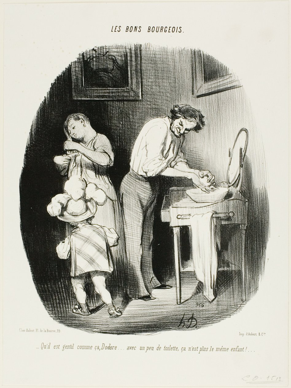 "- Není tak roztomilý, Dodore... s trochou úklidu už to není to samé dítě!...," talíř 37 z Les Bons Bourgeois od Honoré Victorin Daumier