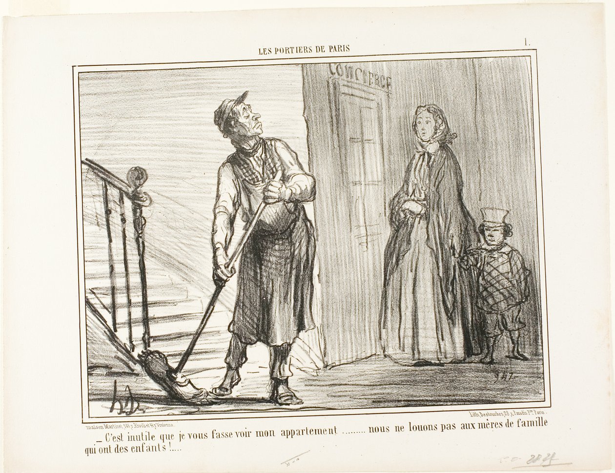 "- Nemá smysl ukazovat ti můj byt. Nepronajímáme matkám s dětmi," talíř 1 z Les Portiers De Paris od Honoré Victorin Daumier