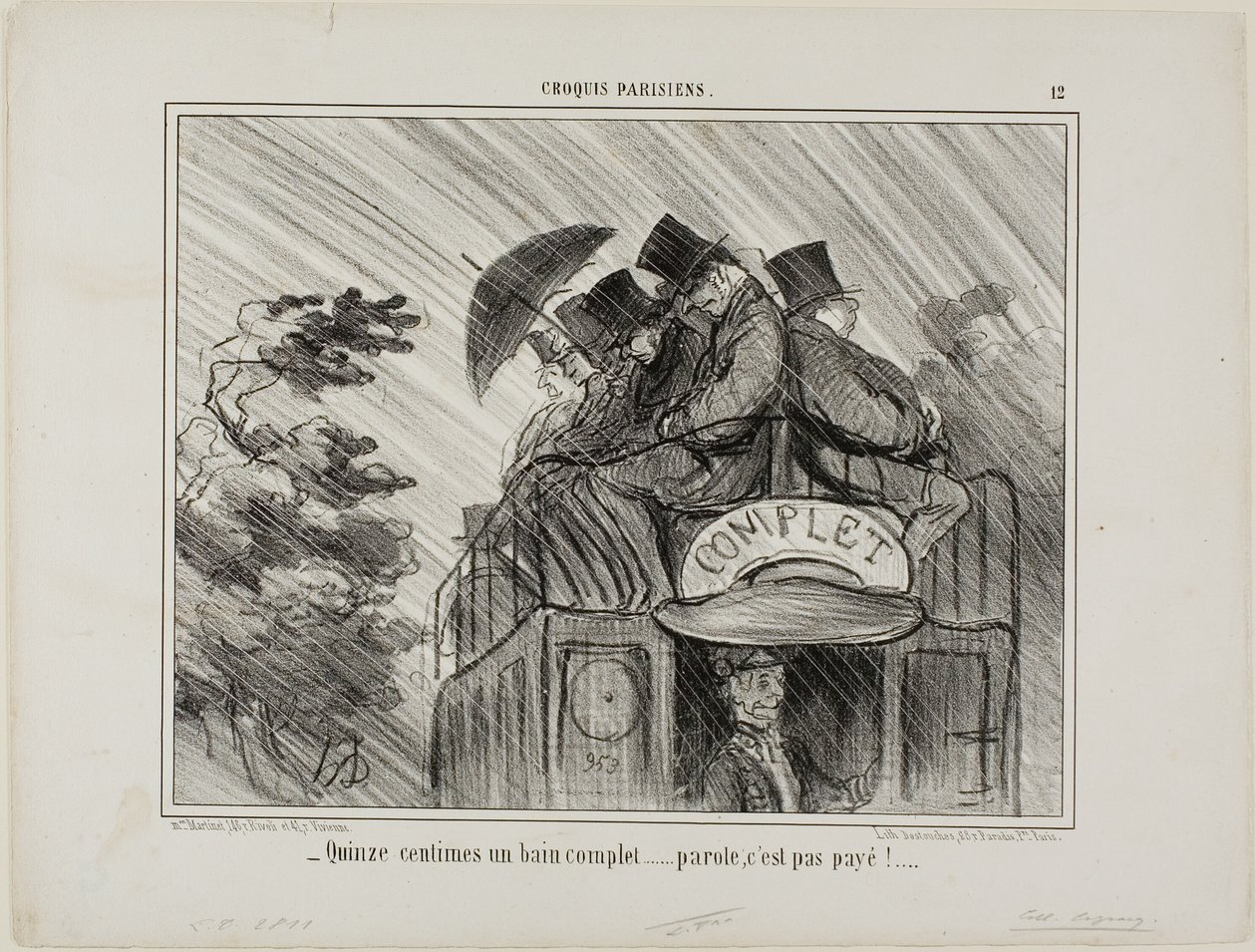 "- Pouhých 15 centů za plnou vanu.... jaká nabídka!," talíř 12 z Croquis Parisiens od Honoré Victorin Daumier