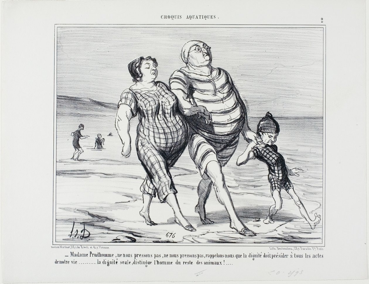 "- Madame Prudhomme, nespěchejme, připomeňme si, že důstojnost by měla vévodit všem životním úkonům... jen důstojnost odlišuje člověka od ostatních zvířat," deska 2 z Croquis Aquatiques od Honoré Victorin Daumier