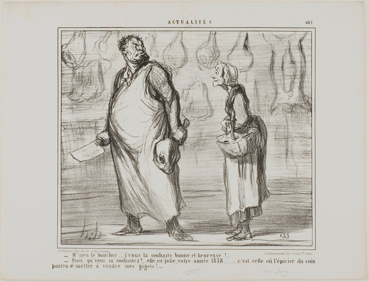 "- Pane řezníku, přeji vám šťastný a zdravý nový rok... - Cože Ten bude pěkný, tenhle rok 1858... každý obchodník s potravinami za rohem bude moci prodávat moje skopové!", talíř 481 z Actualités od Honoré Victorin Daumier