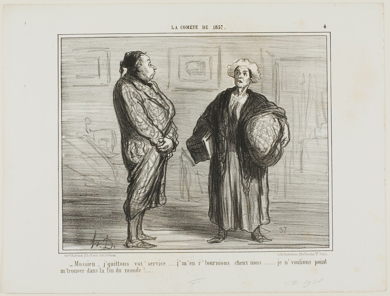 "- Pane, odcházím z vašich služeb, jedu domů... Nechci tu být, až přijde konec světa." 4. deska z knihy La Cométe De 1857. od Honoré Victorin Daumier