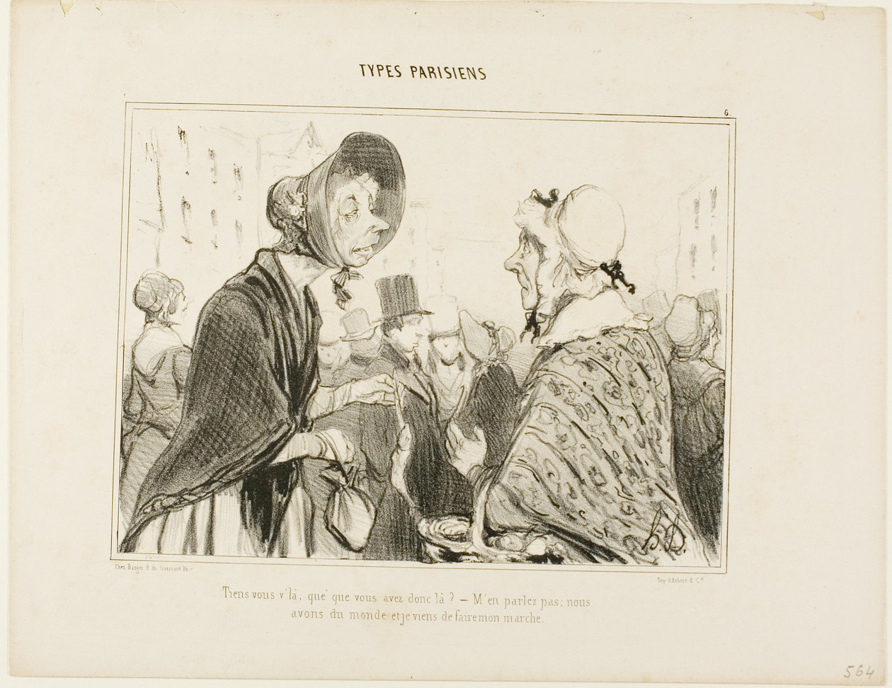 "- Aha, tady jsi..... co to tam máš...... - Nebudeme o tom mluvit.... máme hosty a já jsem právě nakoupila," talíř 6 z Types Parisiens od Honoré Victorin Daumier