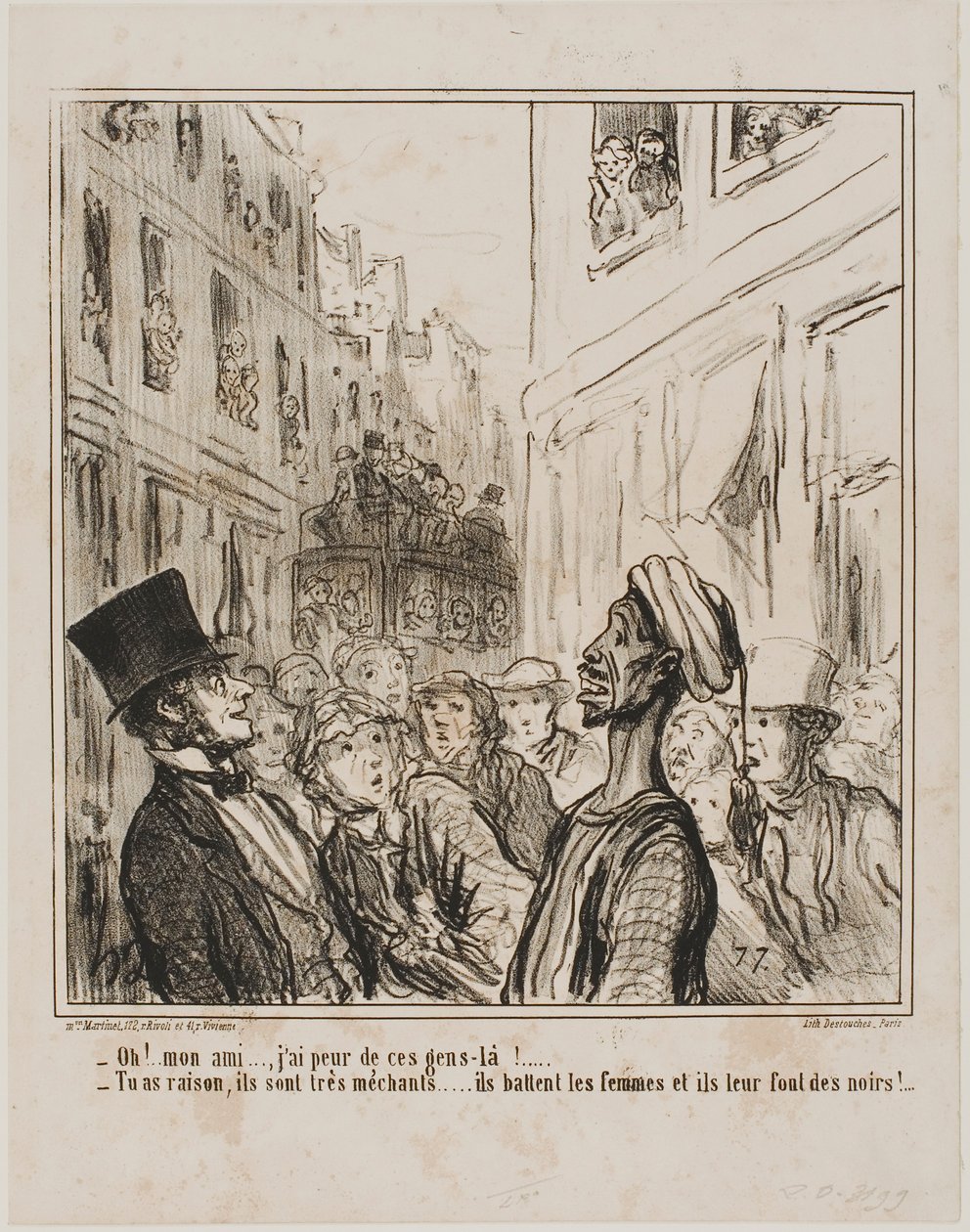 "- Ach, můj příteli... Mám z těch lidí strach. - A právem... jsou dost krutí, bijí své ženy a nutí je mít černé děti!", talíř 101 z Actualités od Honoré Victorin Daumier