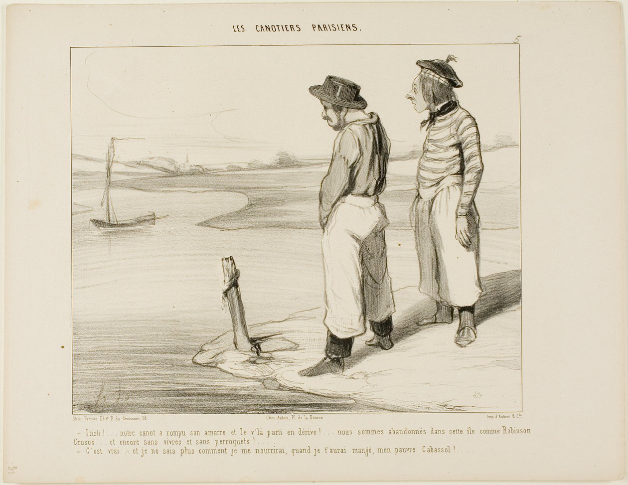 "- Naše loď pustila kotvu a odplavala.... jsme uvízli na tomto osamělém ostrově jako Robinson Crusoe... a nemáme co jíst a nemáme papouška... - To je pravda.... a já opravdu nevím, co budu jíst, až tě jednou sežeru, chudáku Cabassole!"," od Honoré Victorin Daumier