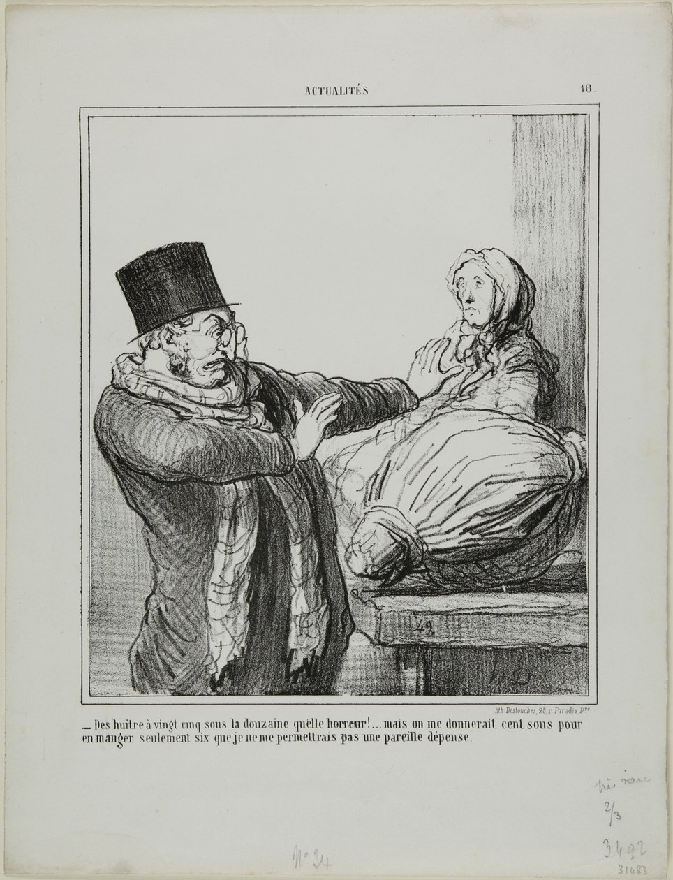 "- Ústřice za 25 sous za tucet, hrůza!... I kdybyste mi dali 100 sous za půl tuctu, takový výdaj bych si nedovolil," talíř 18 z Actualités. od Honoré Victorin Daumier
