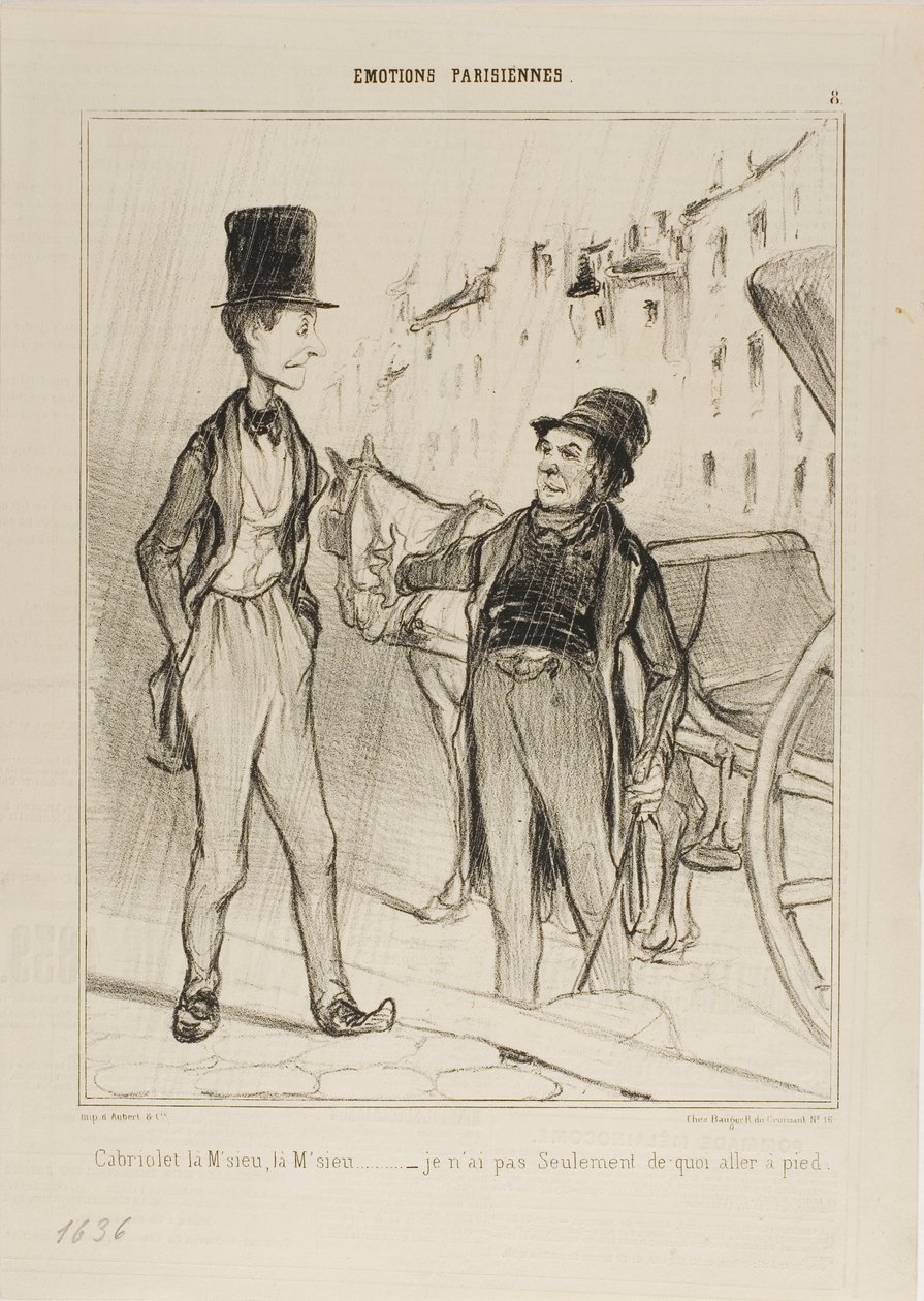 "- Taxi Monsieur Taxi - Nemám ani na to, abych šel pěšky," deska 8 z knihy Émotions De Parisiens od Honoré Victorin Daumier