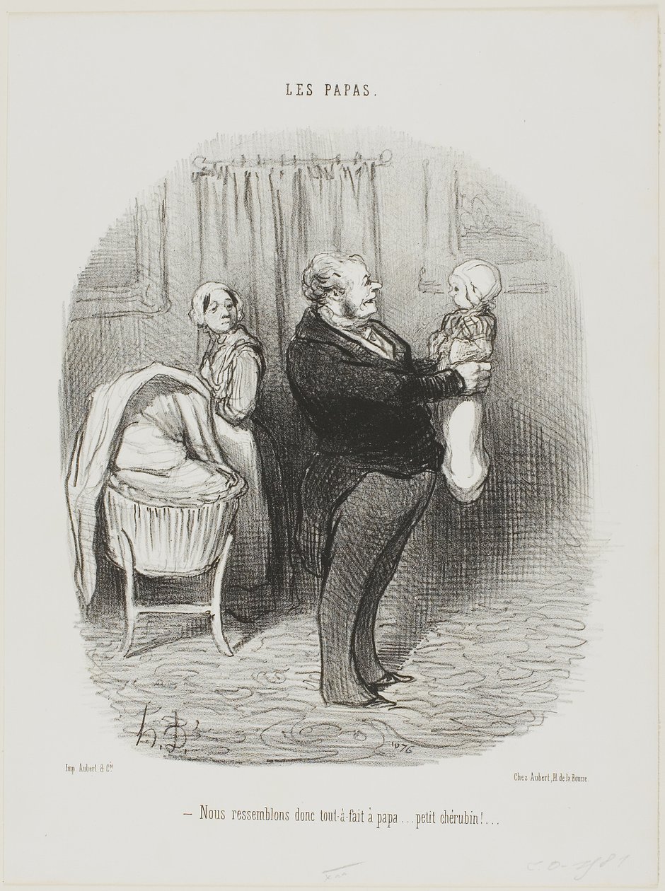 "- Opravdu vypadáme jako tatínek, že ano... malý Cherubín!", deska 14 od Les Papas od Honoré Victorin Daumier