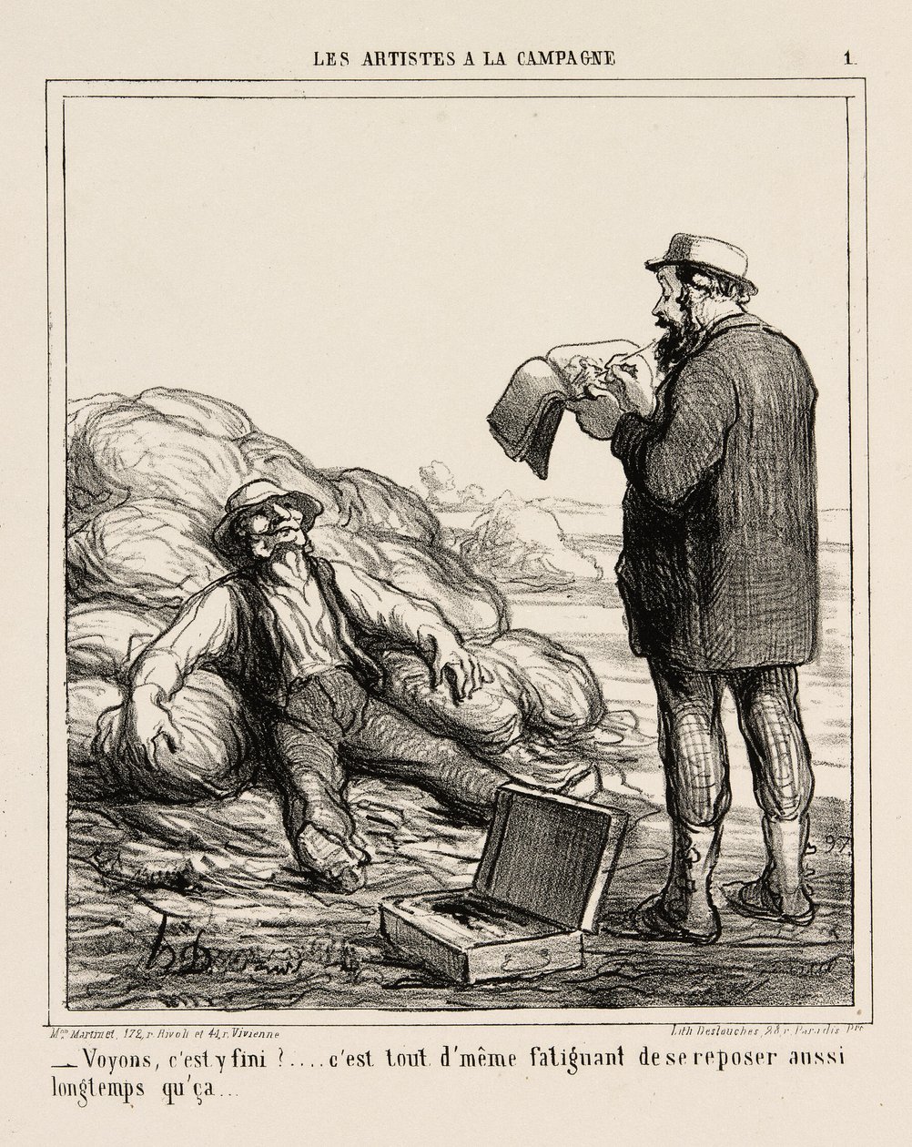 "- Tak co, už jsi konečně skončil... přece jen je to únavné odpočívat tak dlouho," talíř 1 z Les Artistes A La Campagne od Honoré Victorin Daumier