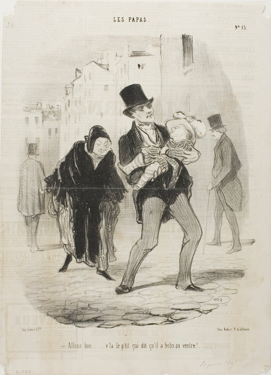 "- Ano, v pořádku, ale chudáka chlapce bolí břicho," talíř 13 od Les Papas od Honoré Victorin Daumier