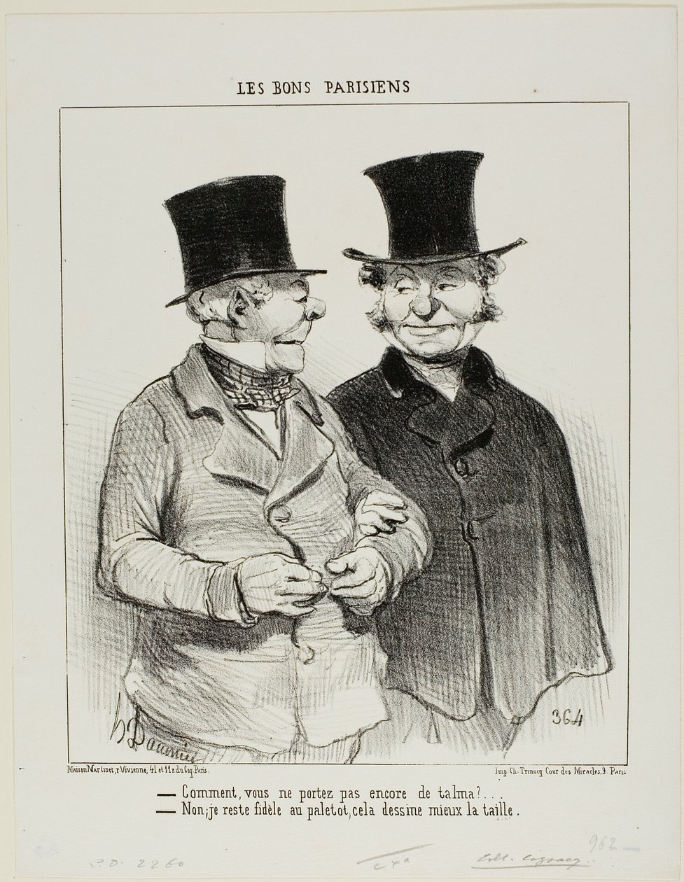 "- Ty ještě nemáš Talmu - Ne, zůstávám věrná kabátu, je lichotivější k mému pasu," talíř 1 z Les Bons Parisiens od Honoré Victorin Daumier