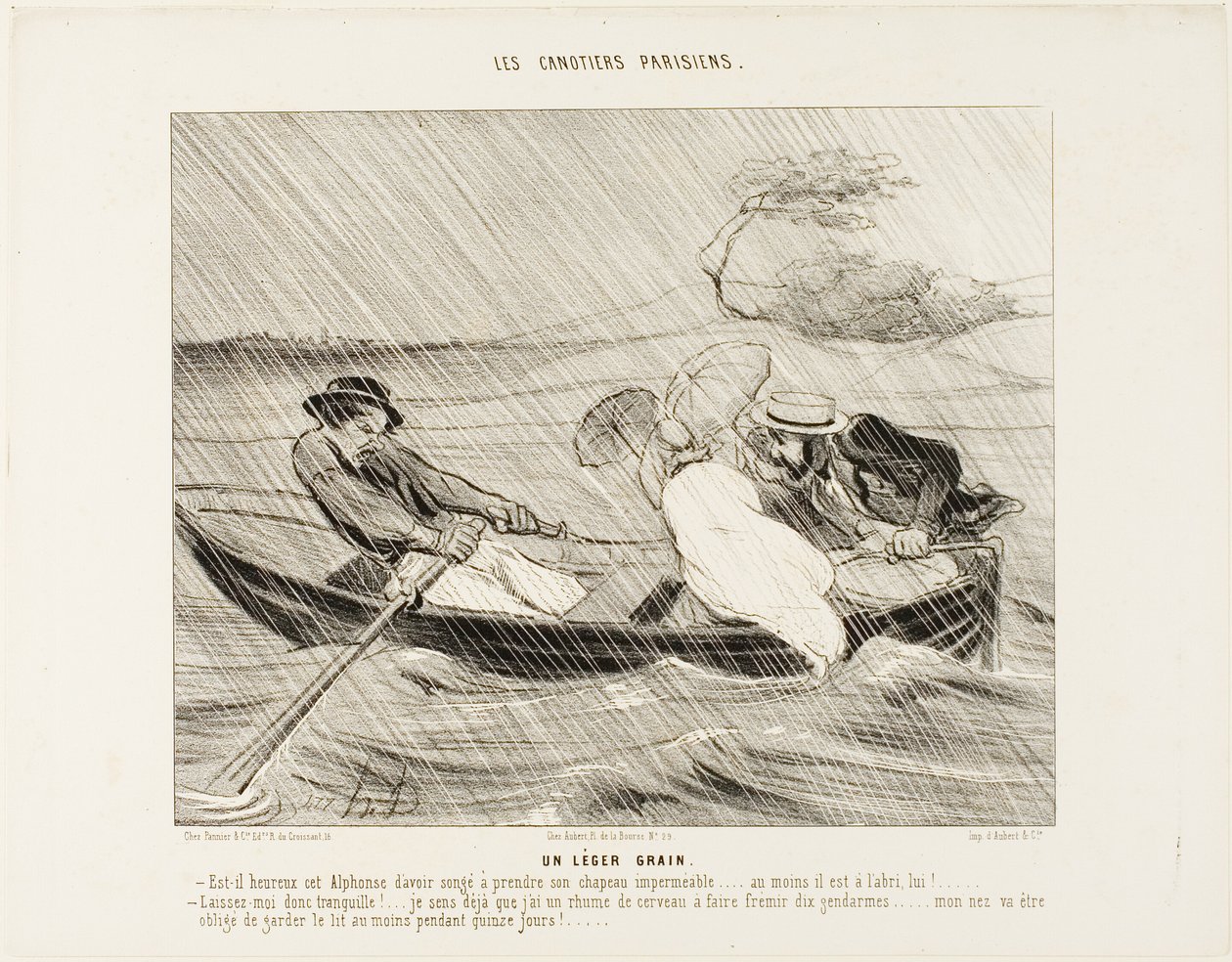 Lehká bouře (Un leger grain), deska 8 z knihy Pařížští vodáci (Les canotiers Parisiens) od Honoré Victorin Daumier