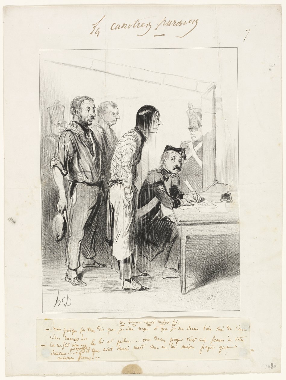 Muž zachráněný proti své vůli, sedmý talíř z knihy Les Canotiers Parisiens od Honoré Victorin Daumier