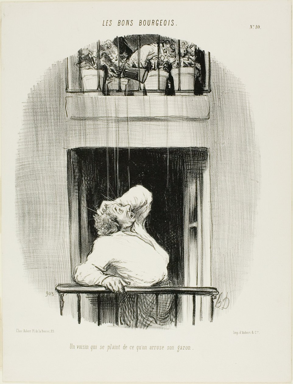 Soused si stěžuje na zalévání trávníku, desátý talíř z knihy Les Bons Bourgeois od Honoré Victorin Daumier