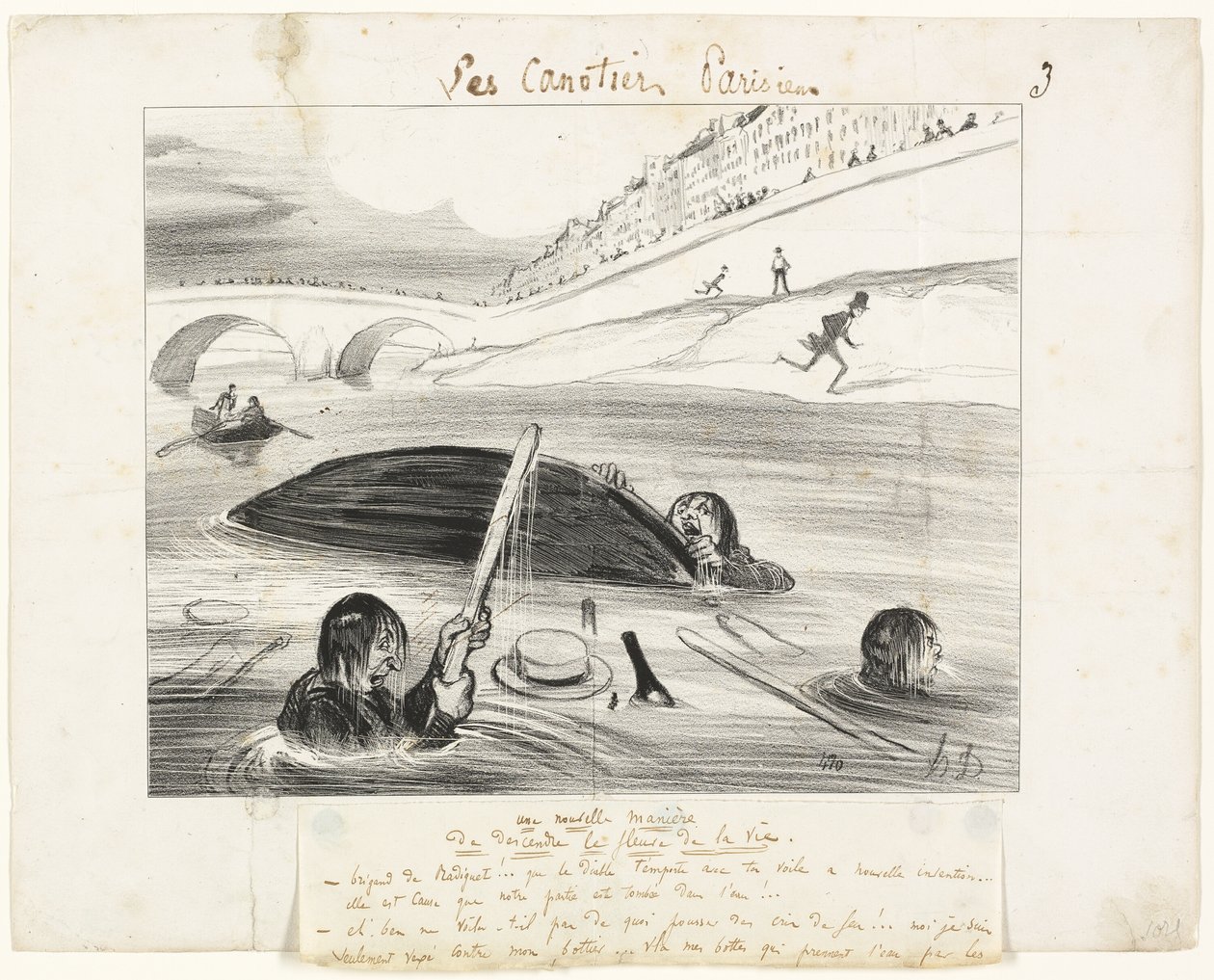 Nový způsob plavby po řece života, třetí deska z knihy Les Canotiers Parisiens od Honoré Victorin Daumier